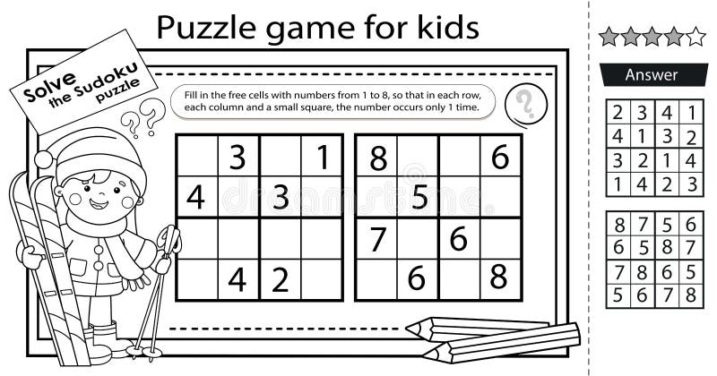 Sudoku puzzle logic puzzle for kids education game for children girl with skis in winter coloring page stock vector