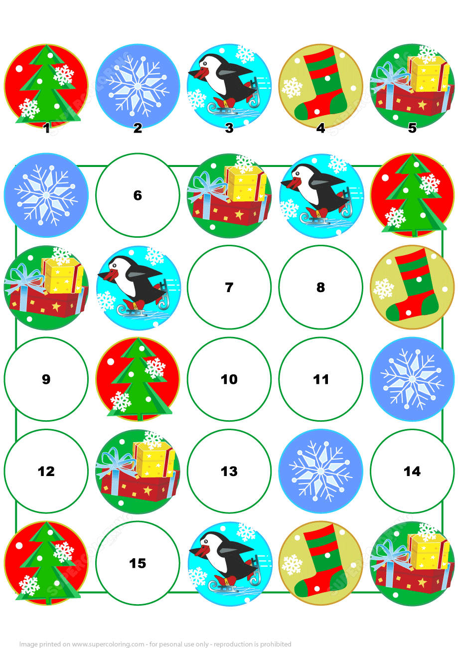 Christmas picture sudoku with winter holiday icons free printable puzzle games