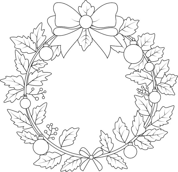 Premium vector coloring page a christmas wreath garland with ball decoration festive holiday wreath of flowers