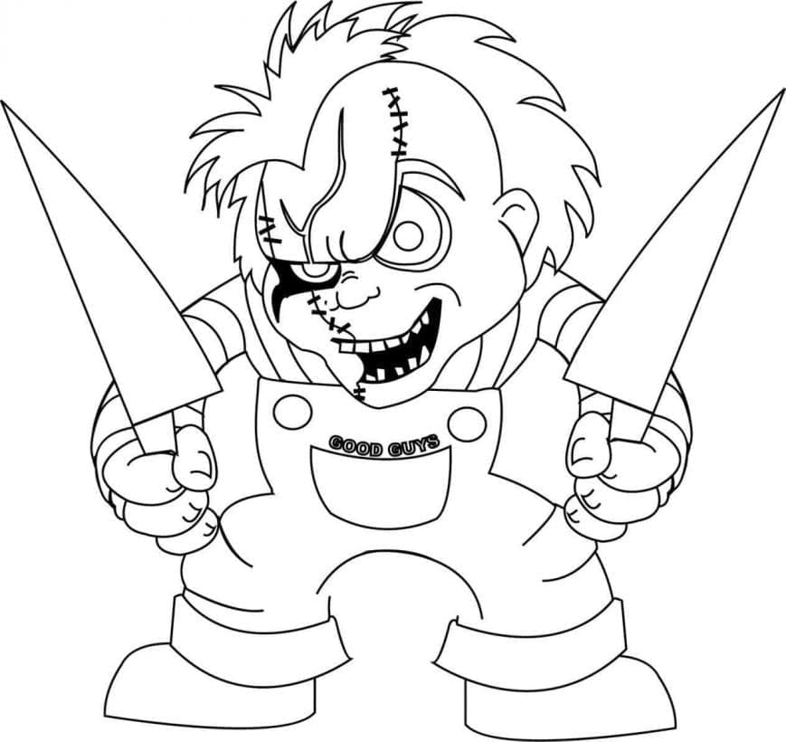 Coloriage chucky avec couteaux