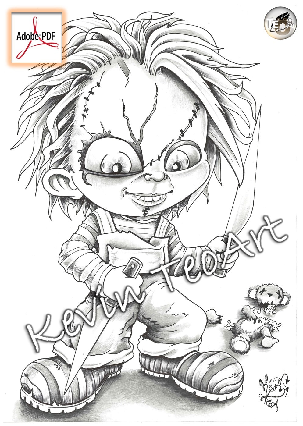 Chucky kevin teoart coloring page grayscale illustration