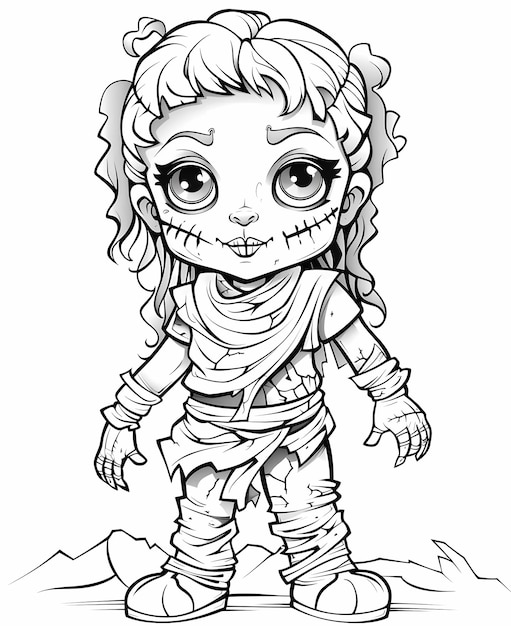 Premium ai image spooky costume fun outline art coloring page with a girl as a halloween zombie mummy