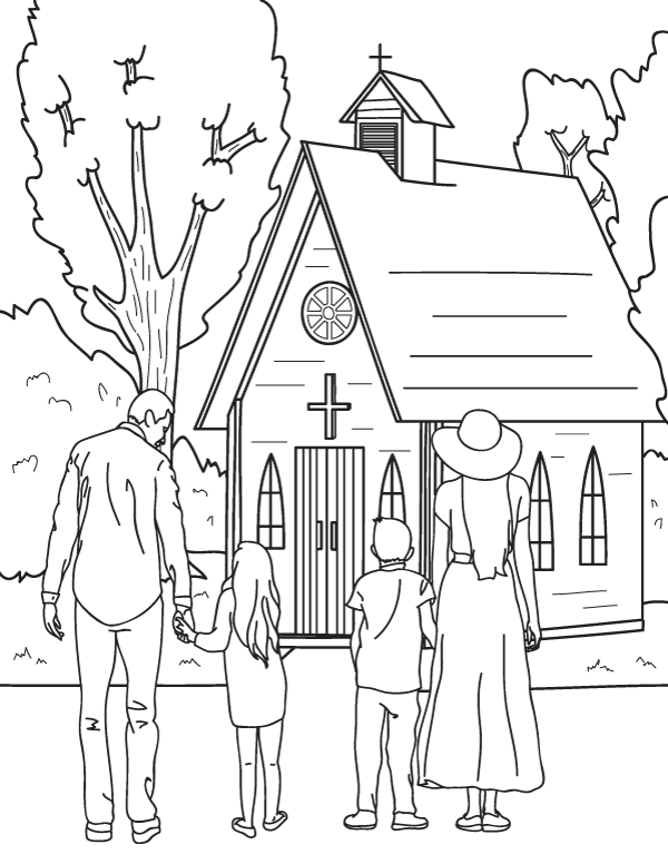 Printable family going to church coloring page