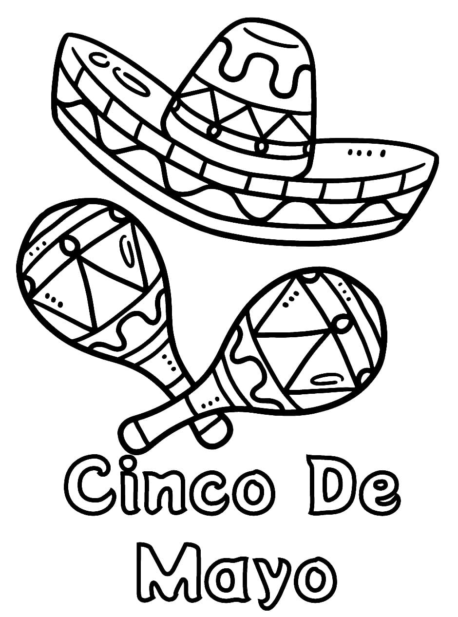 Cinco de mayo with mexican hat and maracas coloring page