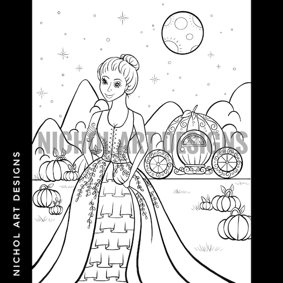 Cinderella coloring page digital download cinderella and carriage printable colouring page downloadable coloring page