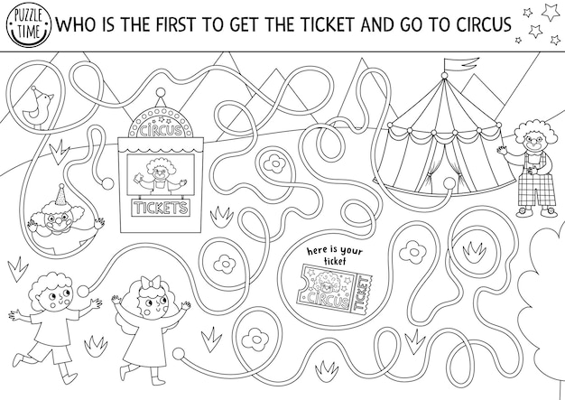 Premium vector circus black and white maze for kids with boy girl ticket amusement show line preschool printable activity with clown marquee entertainment petition labyrinth coloring pagexa