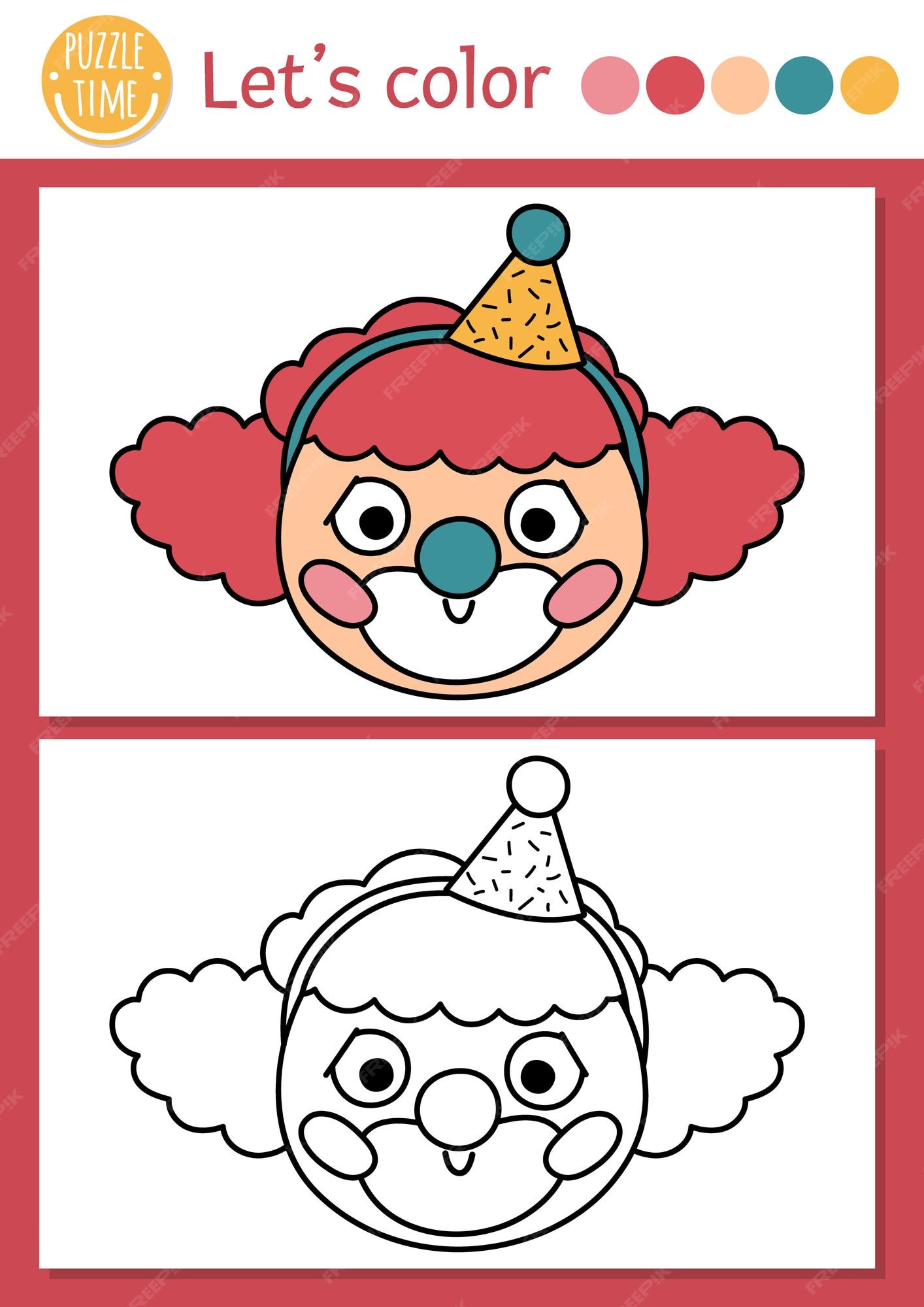 Premium vector circus coloring page for children with clown face vector amusement show outline illustration with cute stage performer color book for kids with colored example drawing skills printable worksheetxa