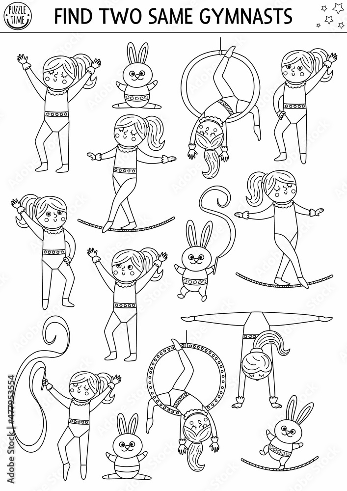 Find two same gymnasts circus black and white matching activity for children amusement show educational line quiz worksheet for kids simple printable game or coloring page vector