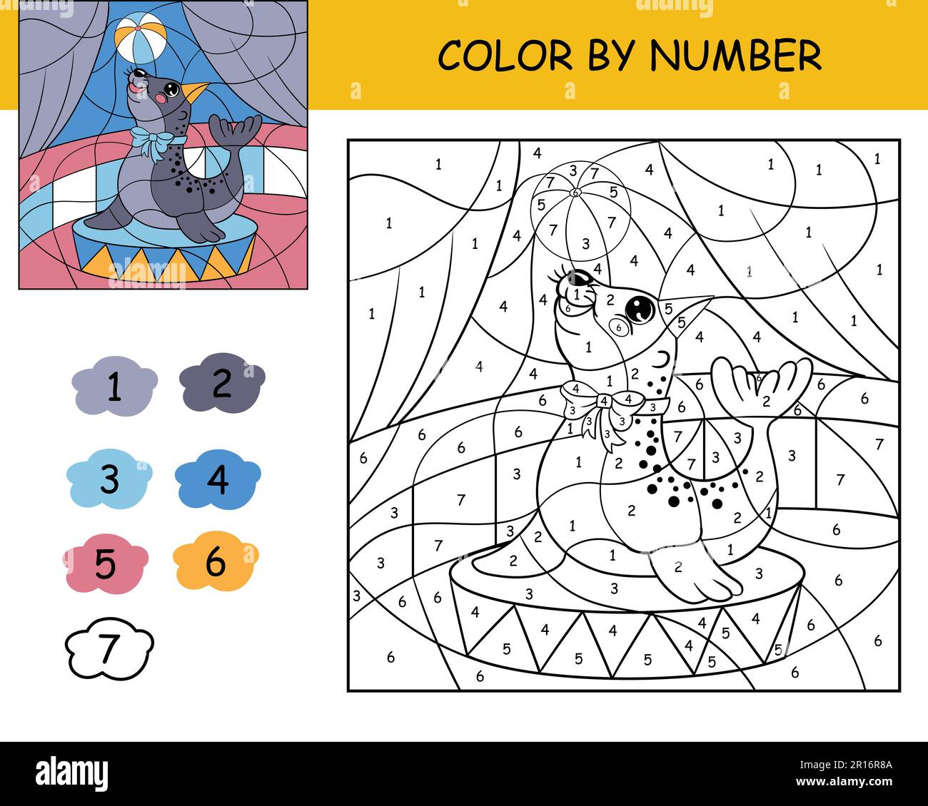 Coloring puzzle with number of color for kids with circus seal with a ball printable coloring page for kids leisureblack and white picture with colo stock vector image art