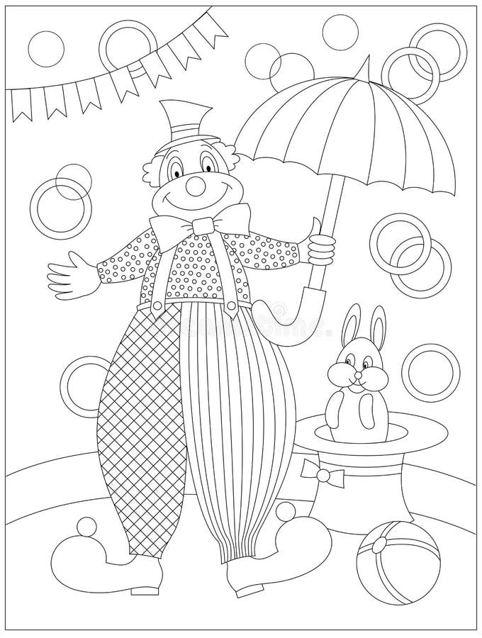 Black and white page for baby coloring book drawing of cute clown in circus printable pattern for kids stock vector