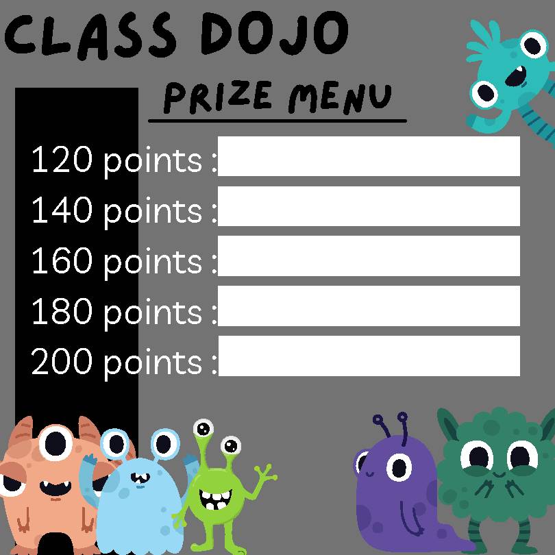 Class dojomonster prize menu punch cards