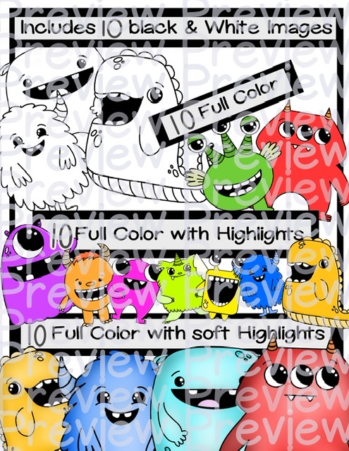 Cute colorful monster clip arts with printable pdf pages made by teachers