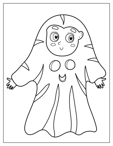 Halloween coloring page with a kid in a ghost costume stock illustration