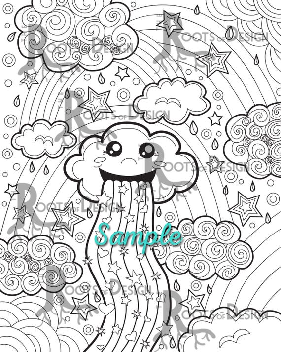 Instant download coloring page rainbow cloud print doodle art printable download now