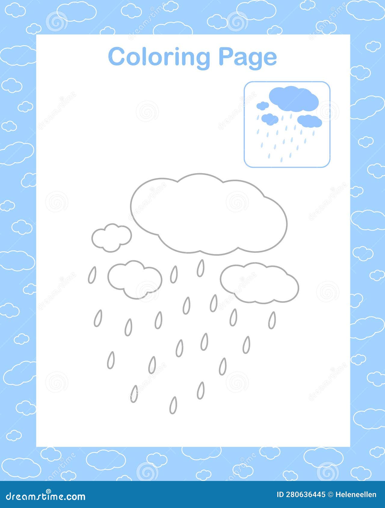 Cloud with rain drops simple cartoon coloring page with sample image vector illustration stock vector