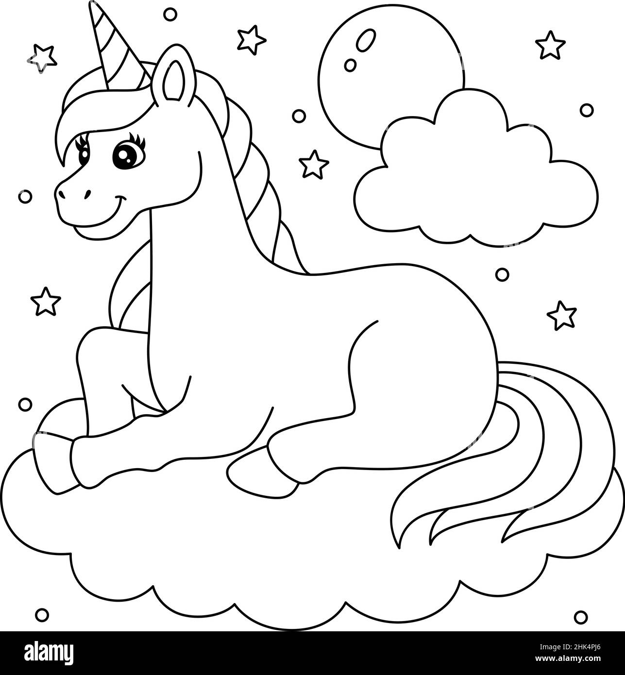 Unicorn lying on the cloud coloring page for kids stock vector image art