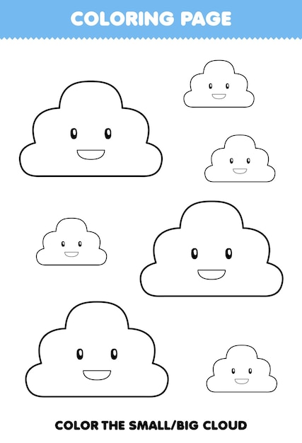 Premium vector education game for children coloring page big or small picture of cute cartoon cloud line art printable nature worksheet