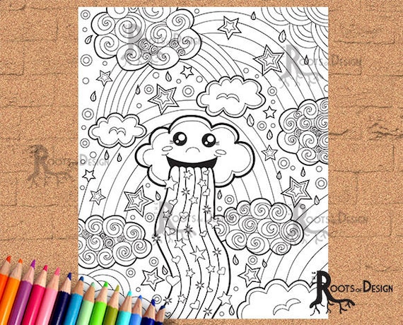 Instant download coloring page rainbow cloud print doodle art printable