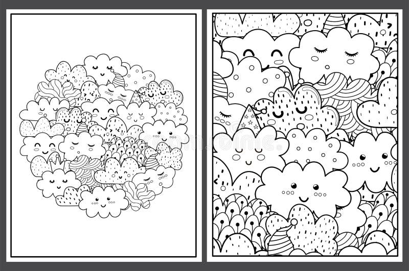 Coloring pages set with cute clouds doodle cosmic characters templates for coloring book stock vector