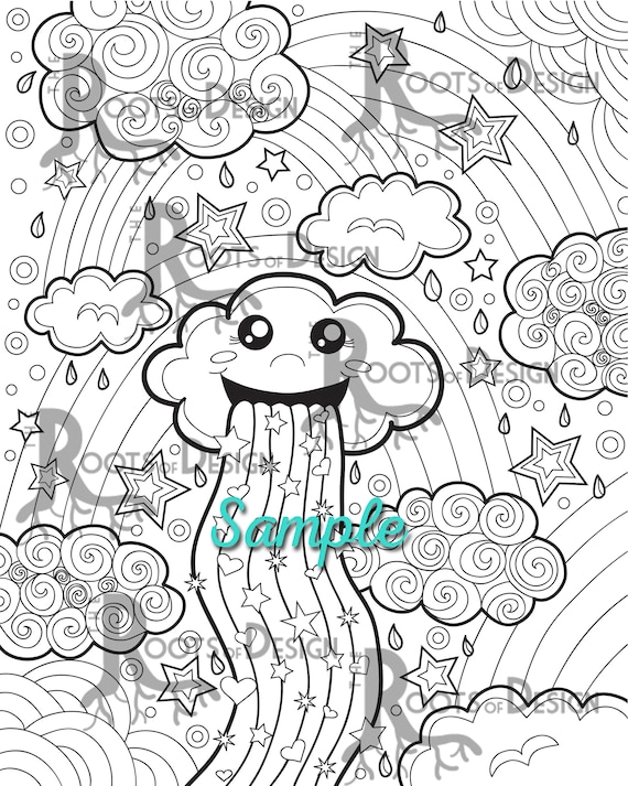 Instant download coloring page rainbow cloud print doodle art printable download now