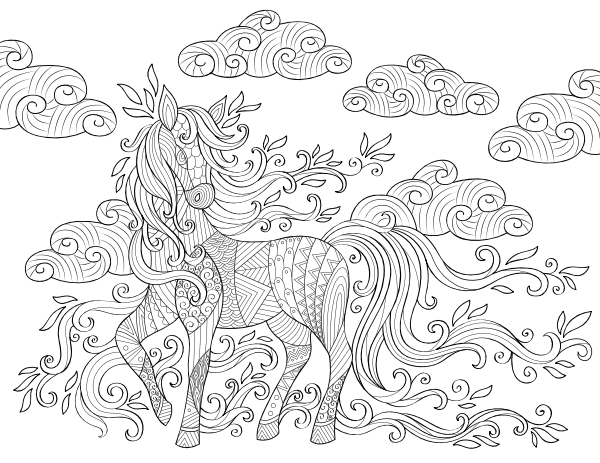 Printable horse and clouds adult coloring page