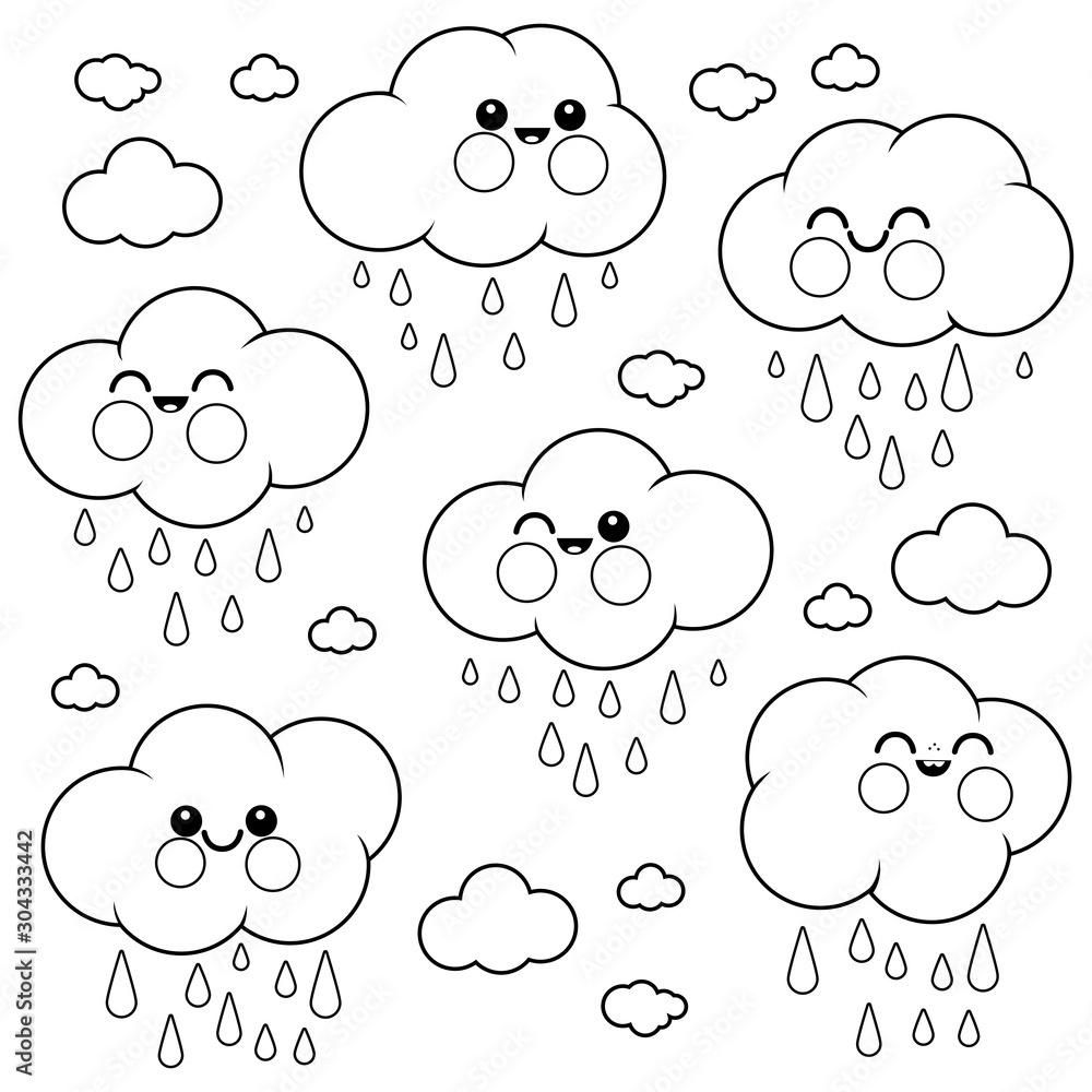 Cute raining cloud characters vector black and white coloring page vector