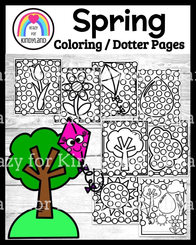 Spring coloring dotter pages booklet for kindergarten sun tree flower cloud