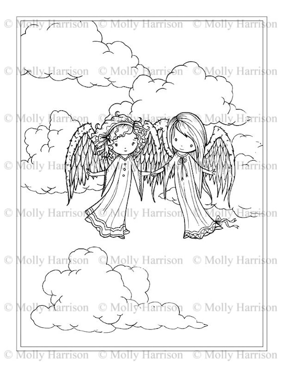 Little angel sisters in the clouds coloring page printable instant download downloadable all ages chrismas