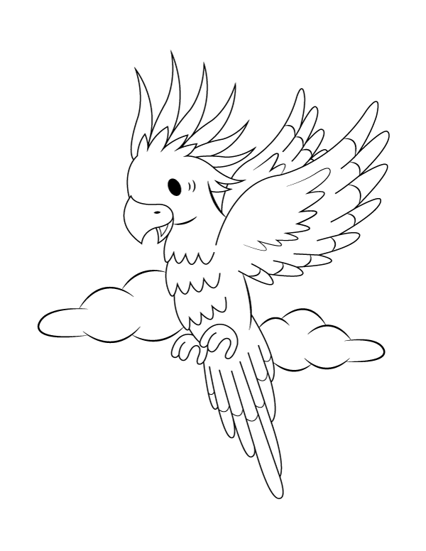 Printable cockatoo and clouds coloring page