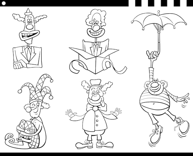 Premium vector cartoon clowns ic characters set coloring page