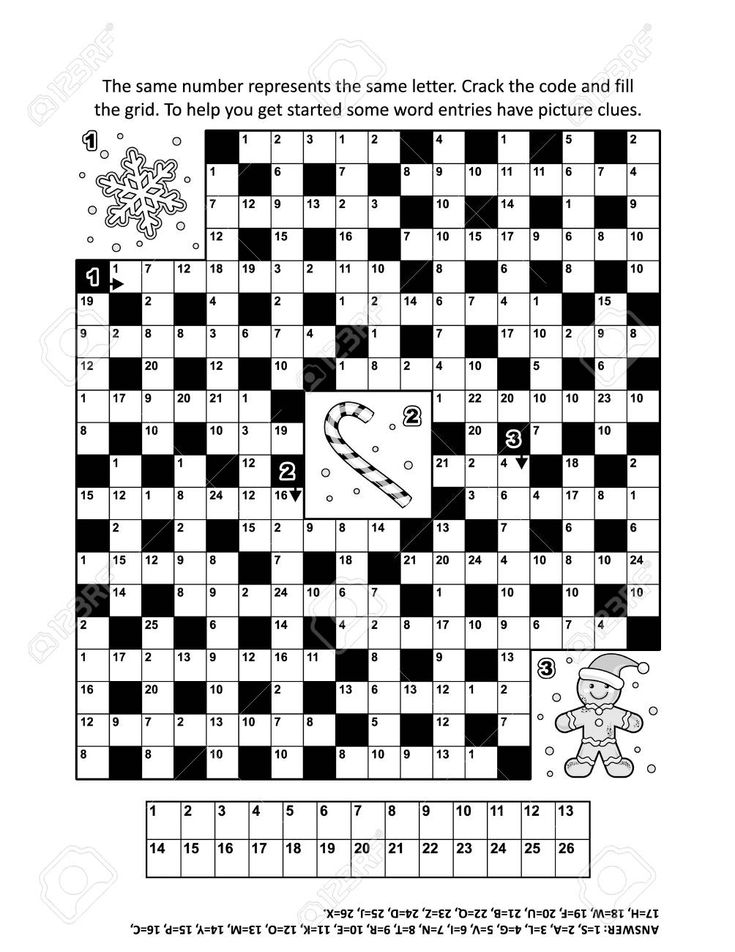 Puzzle page with winter holiday themed codebreaker or codeword