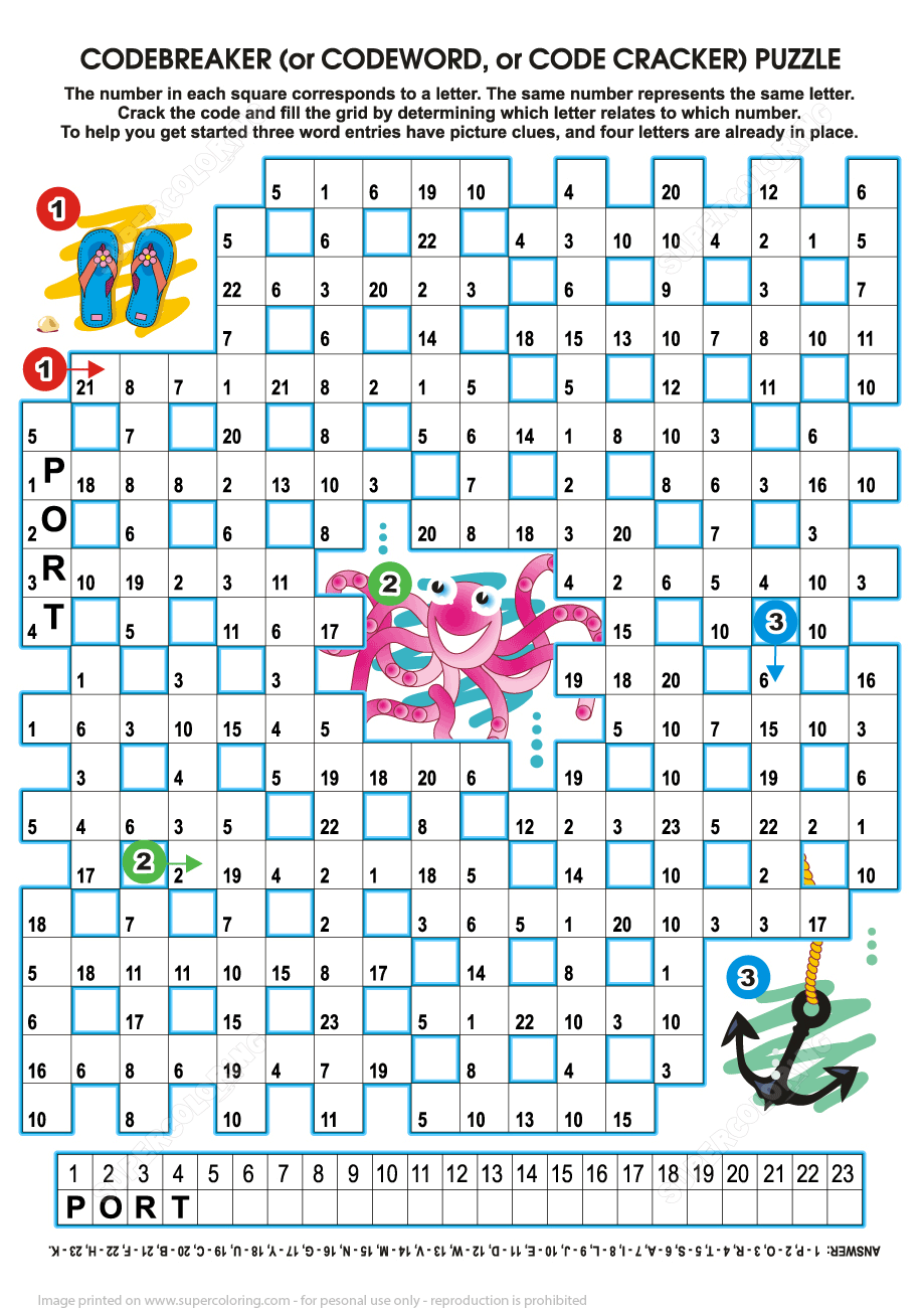 Underwater life and beach codebreaker word puzzle free printable puzzle games