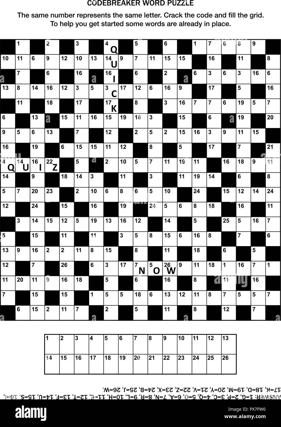 Puzzle page with codebreaker codeword code cracker word game or crossword puzzle stock vector image art