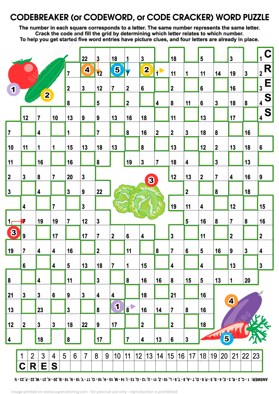 Vegetables codebreaker word puzzle free printable puzzle games