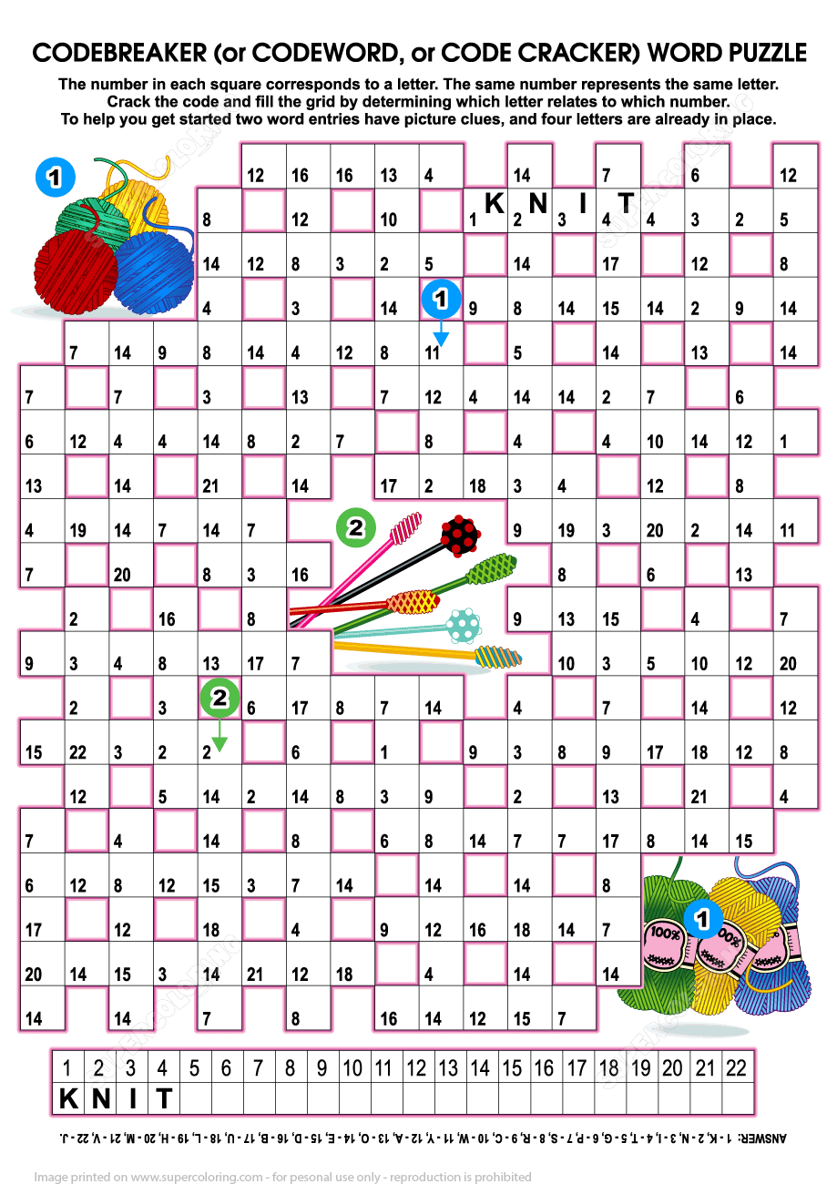 Knit codeword puzzle the number in each square corresponds to a letter free printable puzzle games