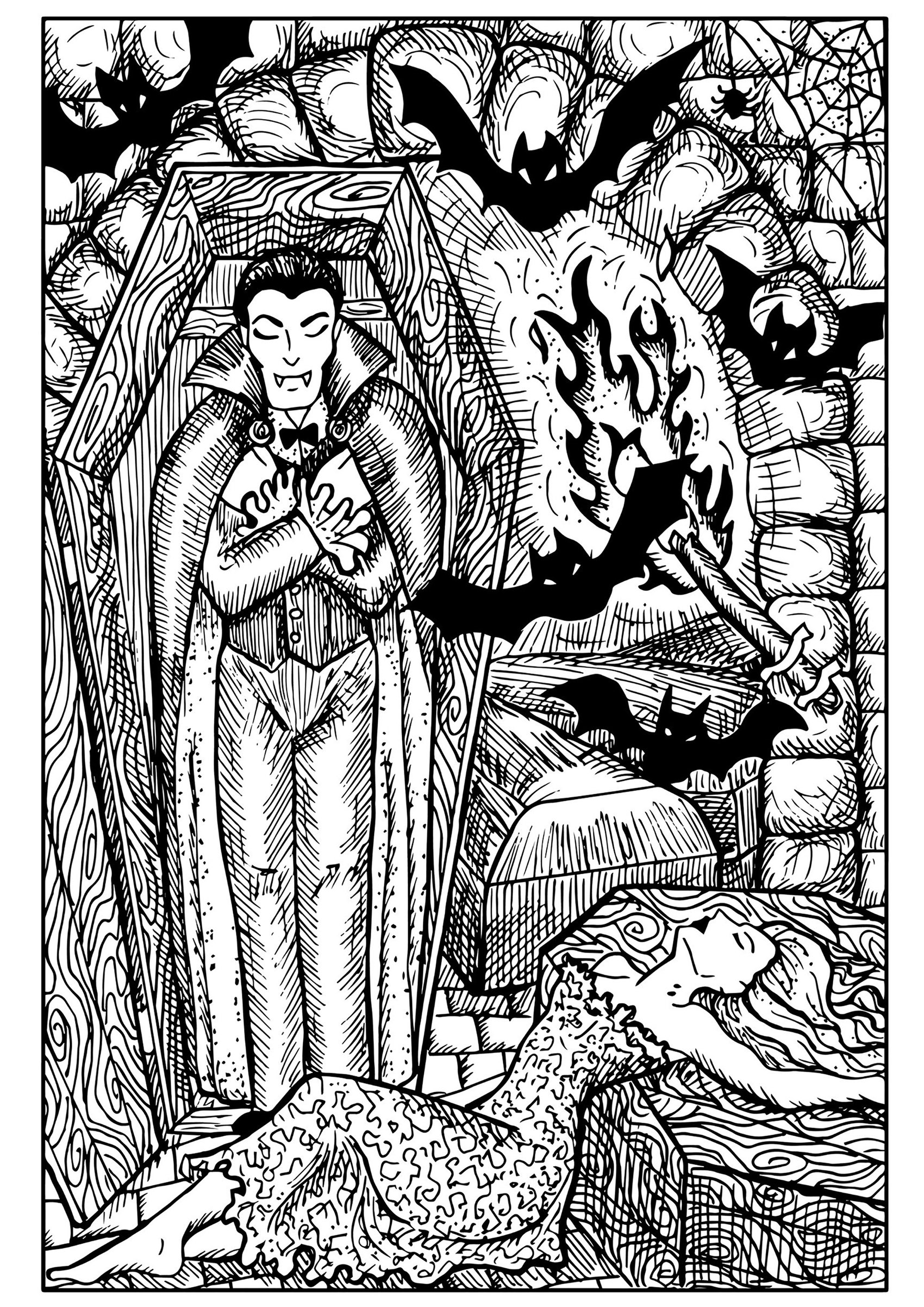 Vampire in coffin bats and bitten woman