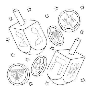 Premium vector hanukkah dreidel and coins coloring page for kids