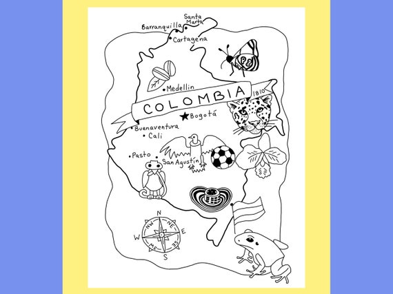 Colombia coloring page colombia map colombia printable packet colombia national symbols colombia travel poster print