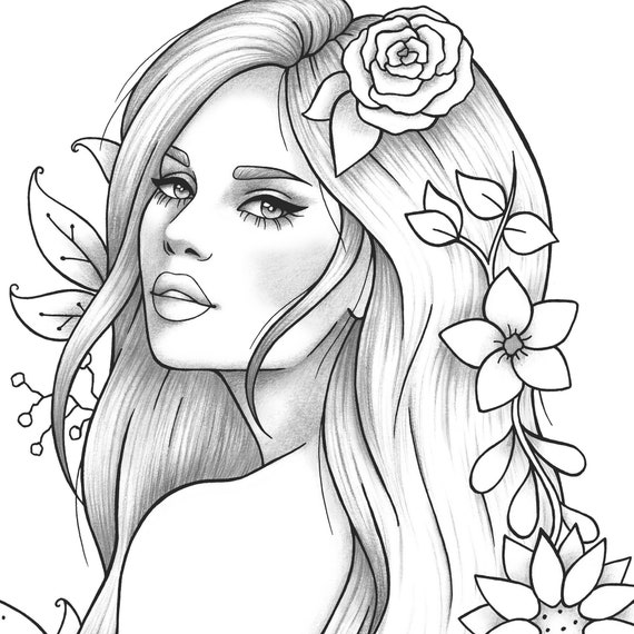 Printable coloring page girl portrait and clothes colouring sheet floral pdf adult anti