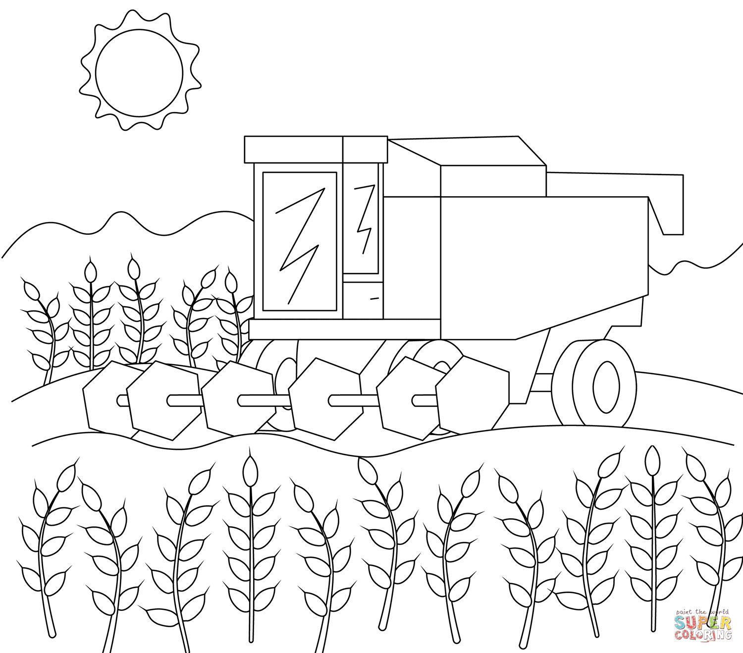 Harvester machine working in wheat field coloring page free printable coloring pages