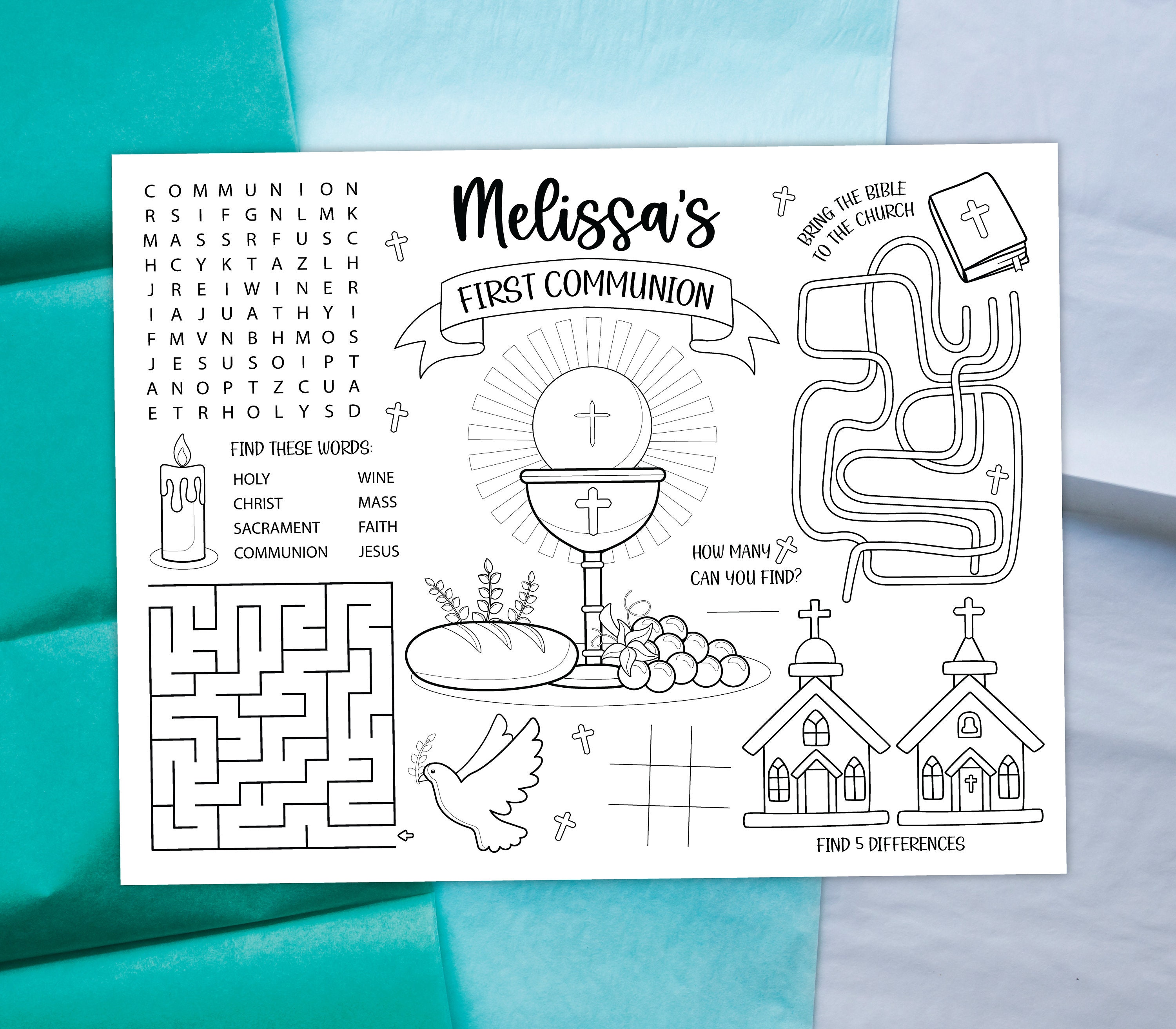 First munion coloring placemat digital party activity sheet kids coloring page editable printable file download