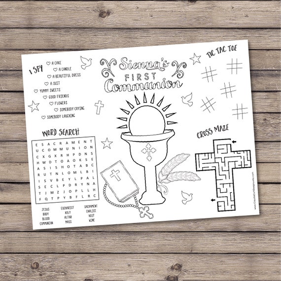 Personalized first munion coloring activity sheets holy munion favor printable coloring placemat digital pdf file