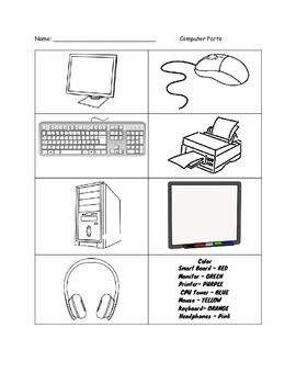 Color the puter parts worksheet teaching puters kindergarten worksheets puter basics