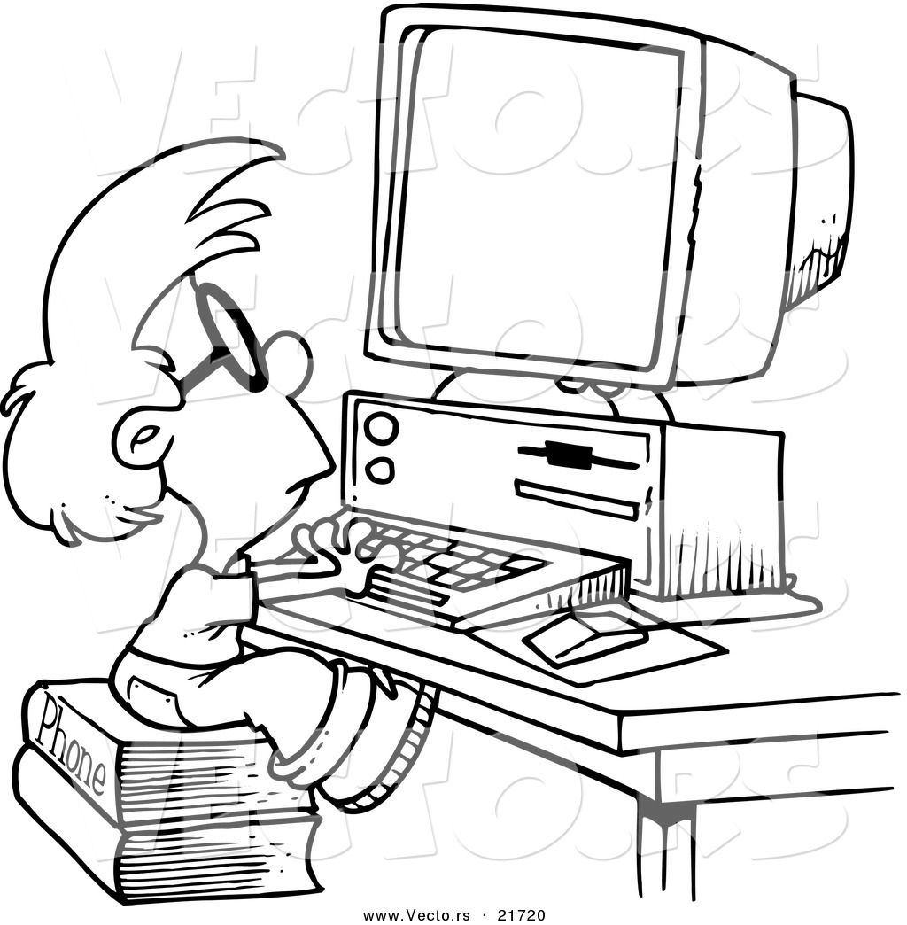 R of a cartoon smart boy using a computer