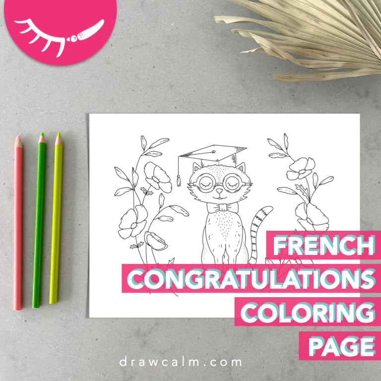 Printable coloring page cat â printable french graduation pun â draw calm