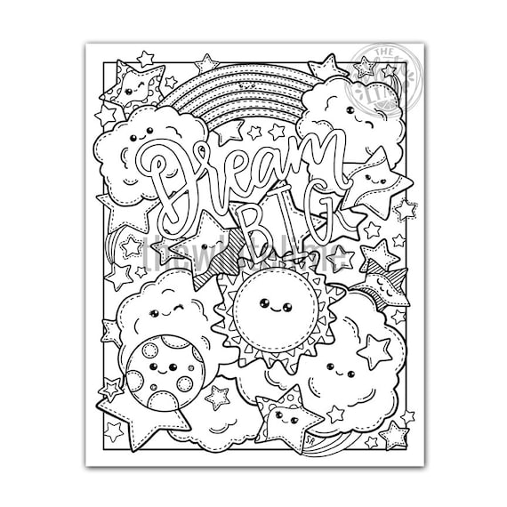 Coloring pages for kids printable rainbow coloring page kawaii coloring page dream big kawaii art print coloring page for kids download