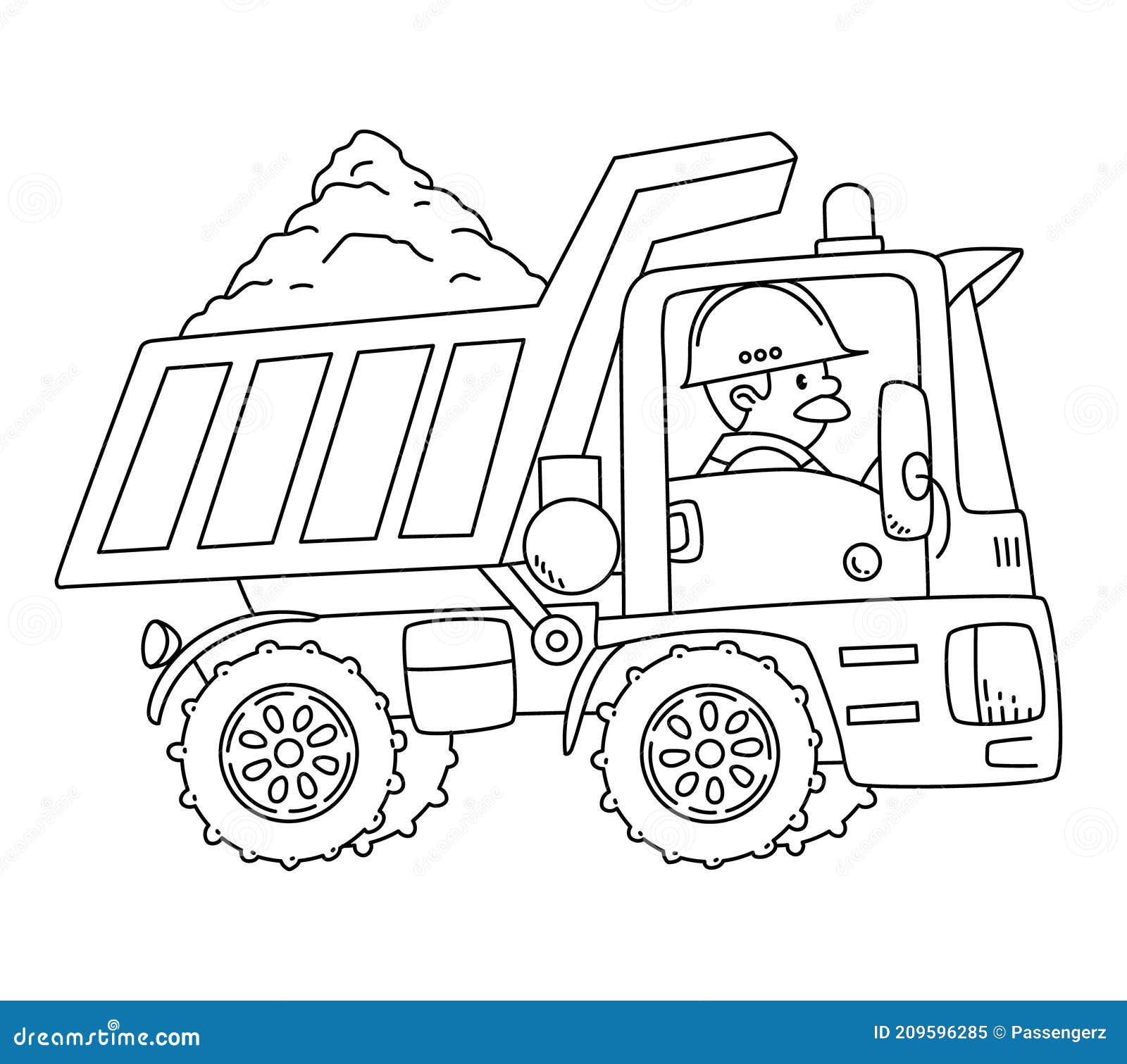Construction worker in a dump truck coloring book stock vector