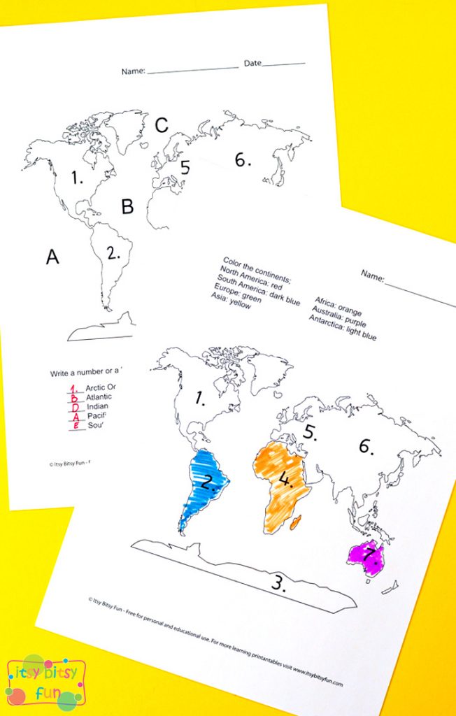 Continents and oceans worksheets