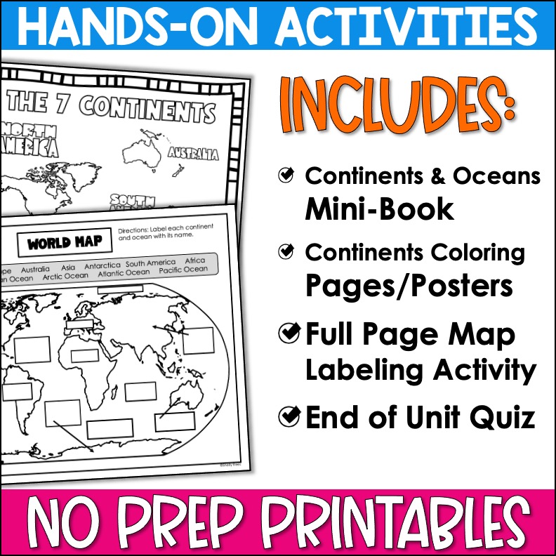 Continents and oceans activities mini book and printable world map