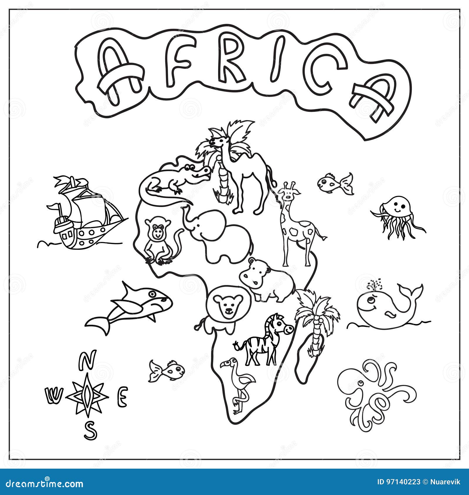 Africa continent kids map coloring page stock illustration